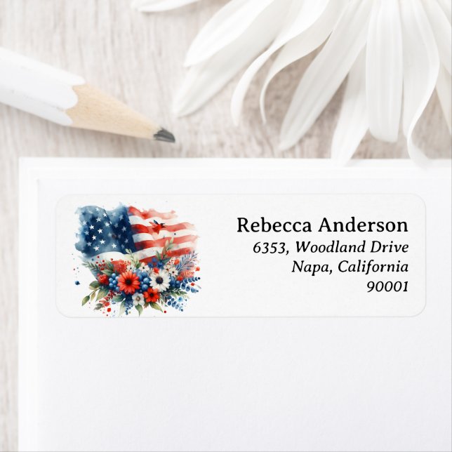 Floral Bouquet with American Flag Return Address  Label (Insitu)
