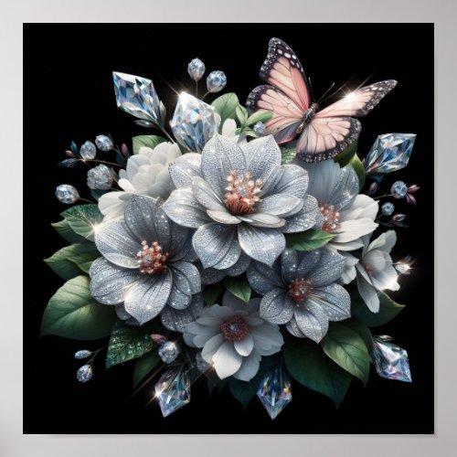 Floral Bouquet with Diamonds and Butterfly Poster