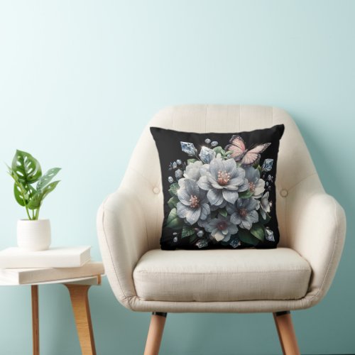Floral Bouquet with Diamonds and Butterfly Throw Pillow