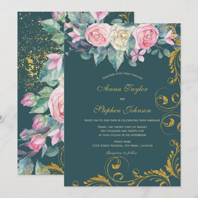 Floral Bouquet with Faux Gold Glitter Swirls Invitation (Front/Back)