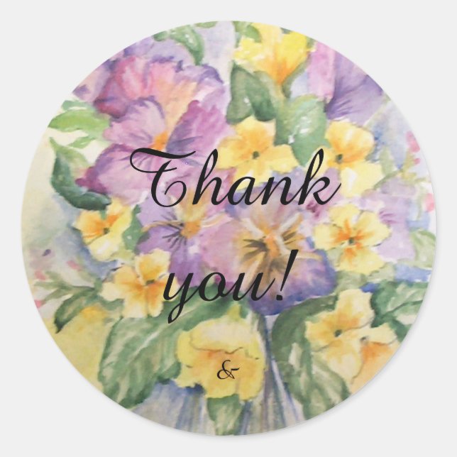 Floral bouquet with lilak pansies thank you classic round sticker (Front)