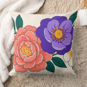 Floral Bouquet with Purple and Coral Blossoms Throw Pillow