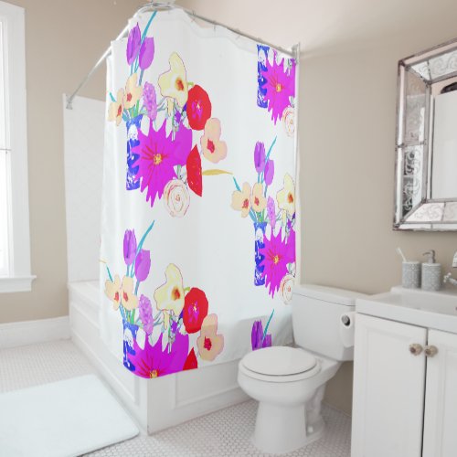 Floral Bouquets RedPurple Yellow White Background Shower Curtain