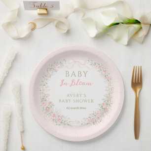 Floral Bow Baby in Bloom Girl Baby Shower Paper Plates