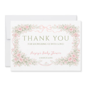 Floral Bow Baby in Bloom Girl Baby Shower Thank You Card
