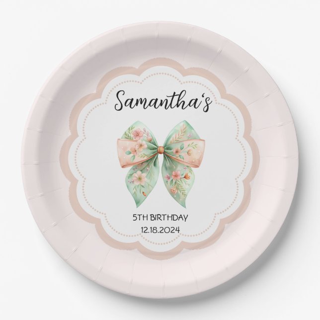Floral Bow Birthday Paper Plate (Front)