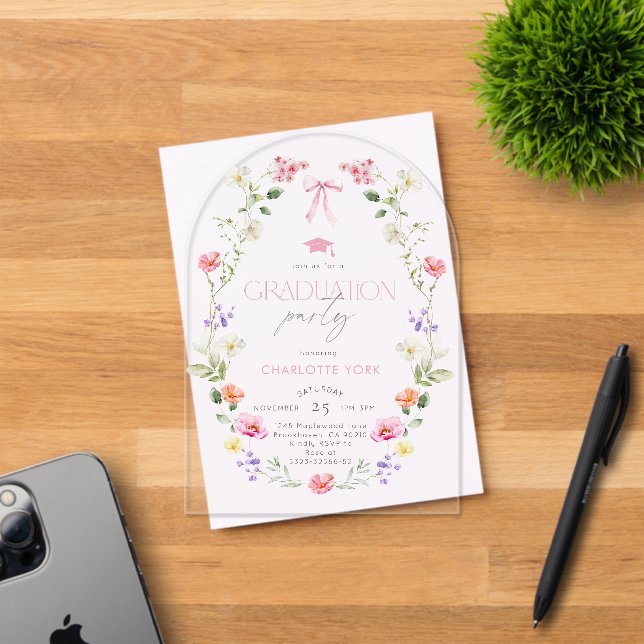 Floral Bow Elegant Graduation party Acrylic Invitations (Insitu (Invitation Card))
