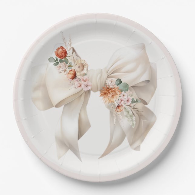 Floral Bow Elegant Neutral Baby Shower Paper Plates (Front)