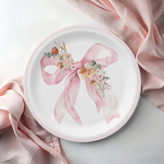 Floral Bow Elegant Pink Baby Shower Paper Plates (Creator Uploaded)