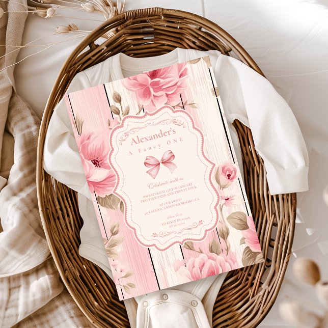 Floral Bow Fancy ONE Girl 1st Birthday  Invitation (Creator Uploaded)