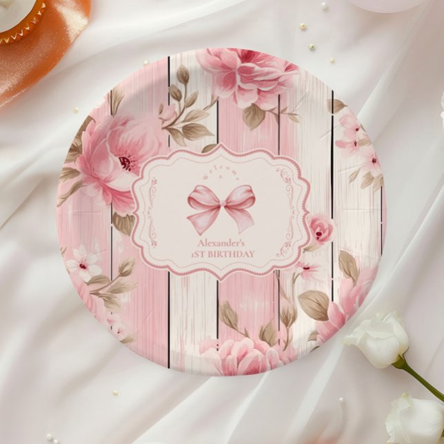 Floral Bow Fancy ONE Girl 1st Birthday  Paper Plates (Creator Uploaded)