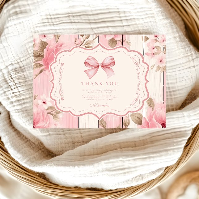 Floral Bow Fancy ONE Girl 1st Birthday  Thank You Card (Creator Uploaded)