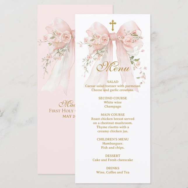 Floral Bow First Holy Communion - Coquette Menu (Front/Back)