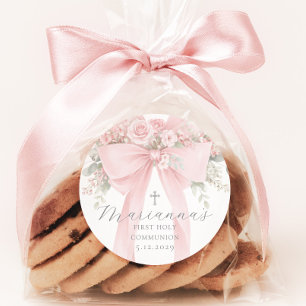  Floral Bow First Holy Communion Elegant Classic Round Sticker