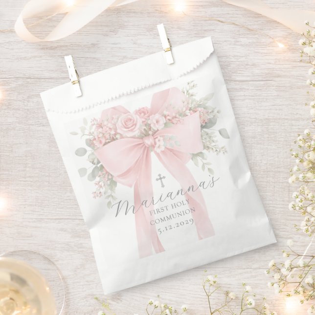  Floral Bow First Holy Communion Elegant Favor Bag (Clipped)