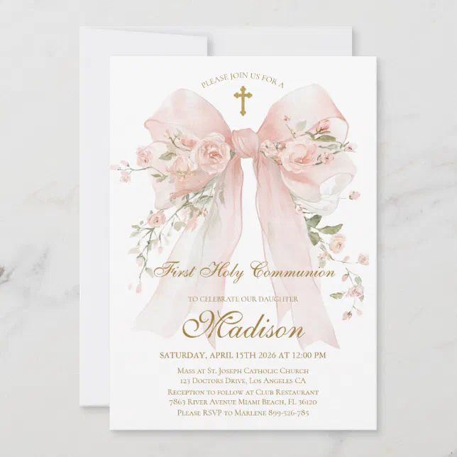 Floral Bow First Holy Communion Invitation | Zazzle