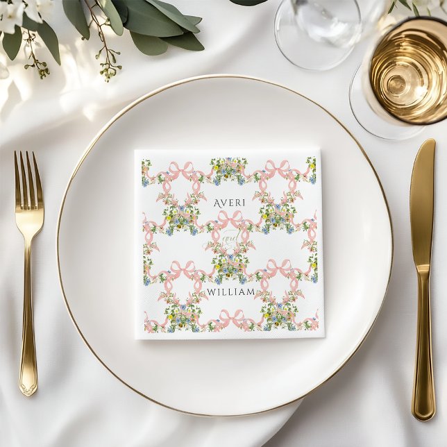 Floral Bow Garden Rustic Elegant Photo Wedding Napkins (Creator Uploaded)