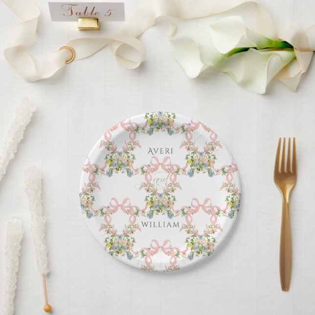 Floral Bow Garden Rustic Elegant Photo Wedding Paper Plates (Wedding)