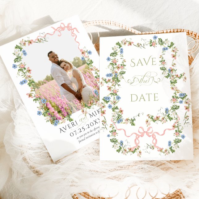 Floral Bow Garden Rustic Elegant Photo Wedding Save The Date (Creator Uploaded)