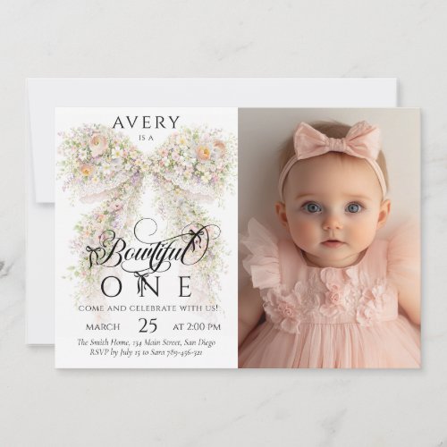 Floral Bow Girl Photo First Birthday Invitation
