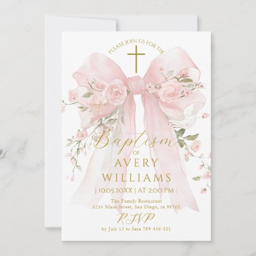 Floral Bow Girls Baptism Elegant Flower Digital Invitation