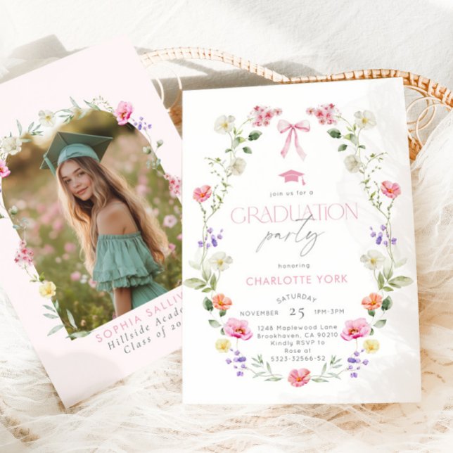 Floral Bow Graduation party Arch Photo Invitation (Creator Uploaded)