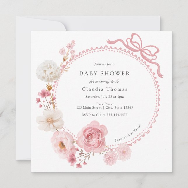 Floral Bow Pink Baby Shower  Invitation (Front)