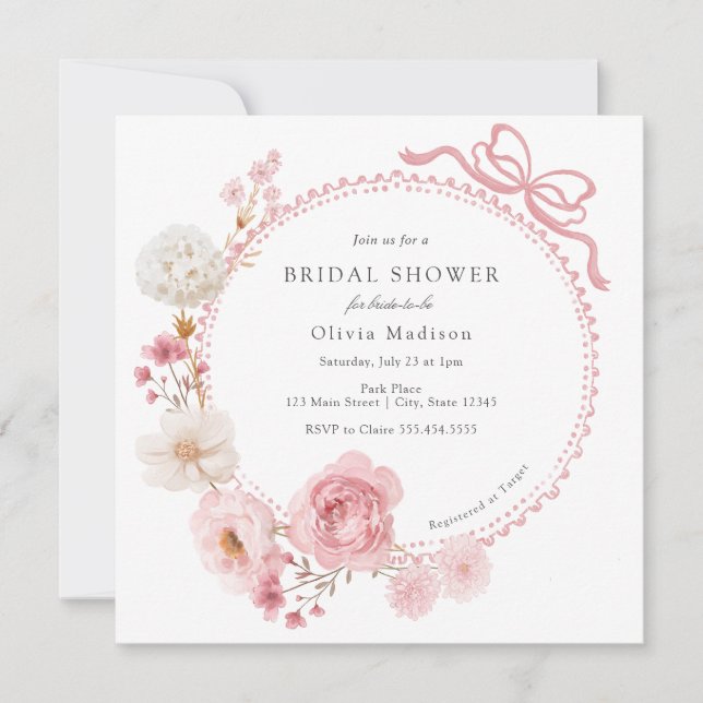 Floral Bow Pink Bridal Shower  Invitation (Front)