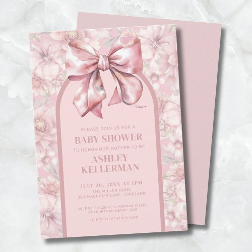 Floral Bow Pink Girl Baby Shower Invitation