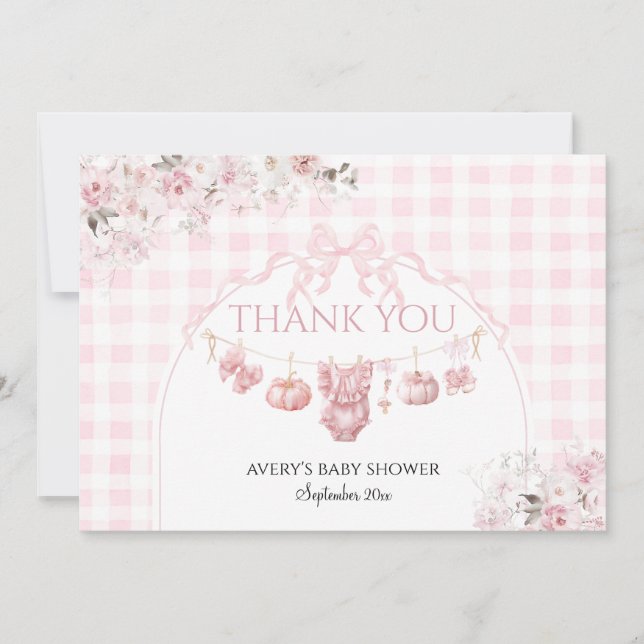 Floral Bow Pink Pumpkin Girl Baby Shower Thank You Card (Front)