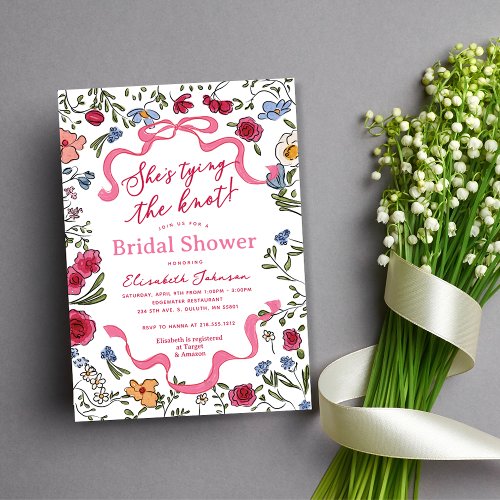 Floral Bow Shes Tying the Knot Bridal Shower Invitation