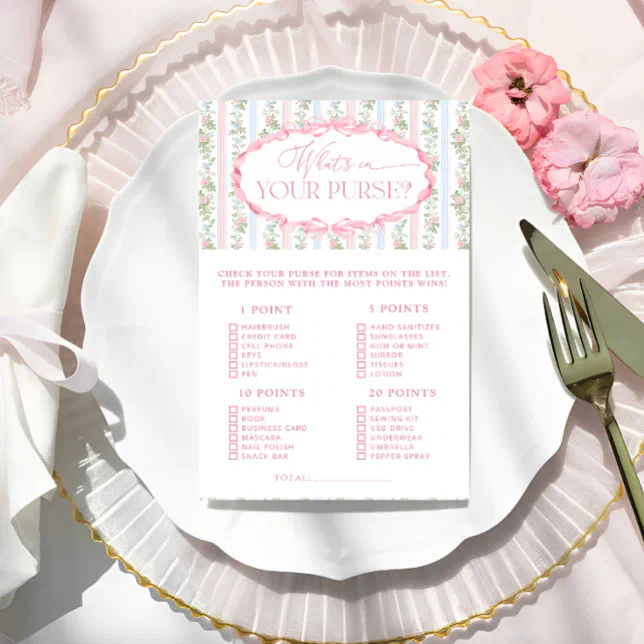 Floral Bow Whats in Your Purse Shower Game | Zazzle