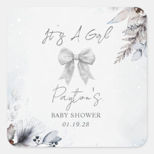 Floral Bow Winter Girl Baby Shower Square Sticker
