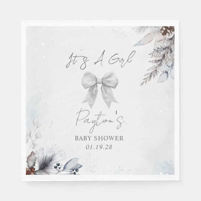 Floral Bow Winter Girl Baby Shower Welcome Napkins (Front)