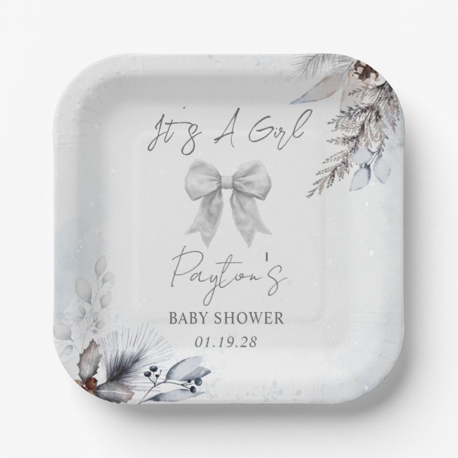 Floral Bow Winter Girl Baby Shower Welcome Paper Plates (Front)