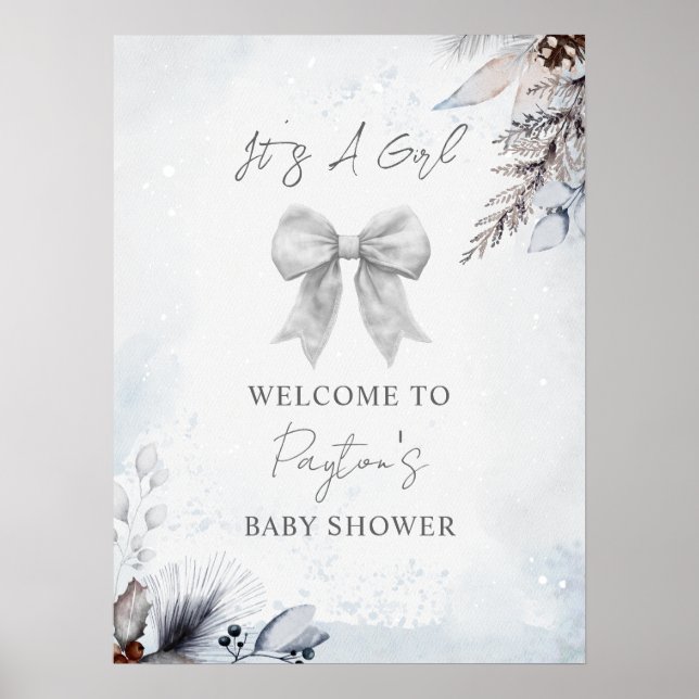 Floral Bow Winter Girl Baby Shower Welcome Poster (Front)