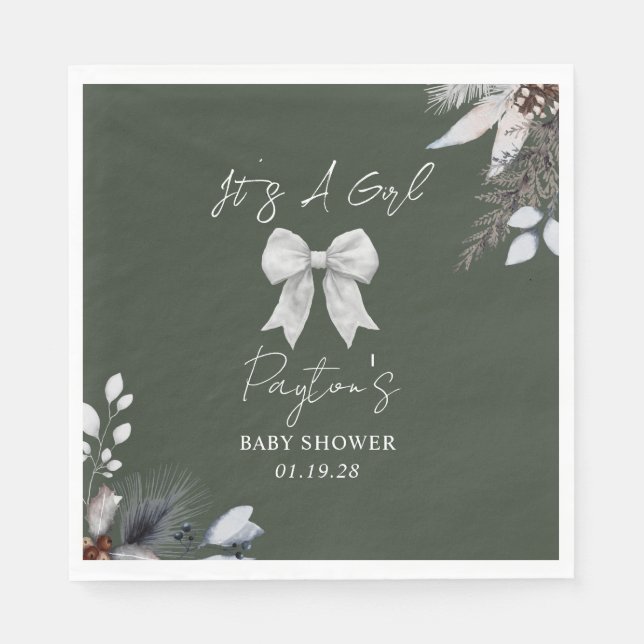 Floral Bow Winter Girl Green Baby Shower Welcome Napkins (Front)