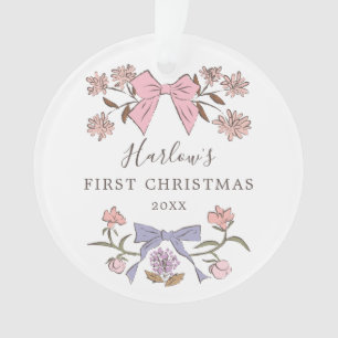 Floral Bows Pink and Purple Baby's First Christmas Ornament