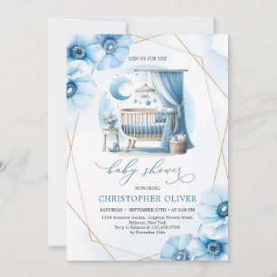 Floral Boy baby shower invitation with baby crib