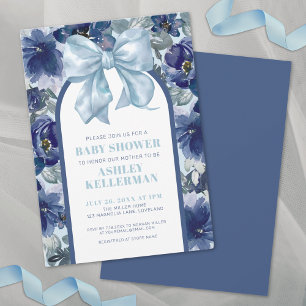 Floral Boy Blue Bow Baby Shower Invitation