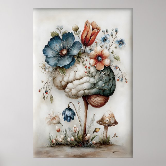 Floral Brain Art Print, Botanical Surreal Poster (Front)