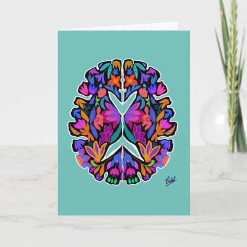 Floral brain design with aqua background card