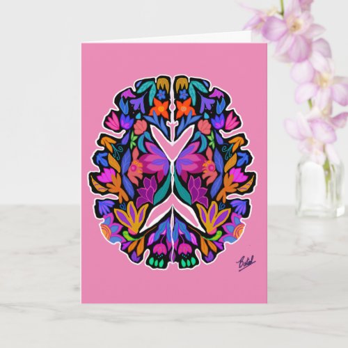 Floral brain design with pink background card