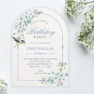 Floral branch bird birthday invitation