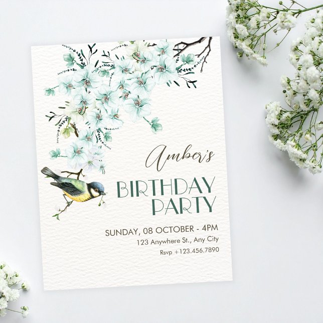 Floral branch bird spring birthday invitation (Creator Uploaded)