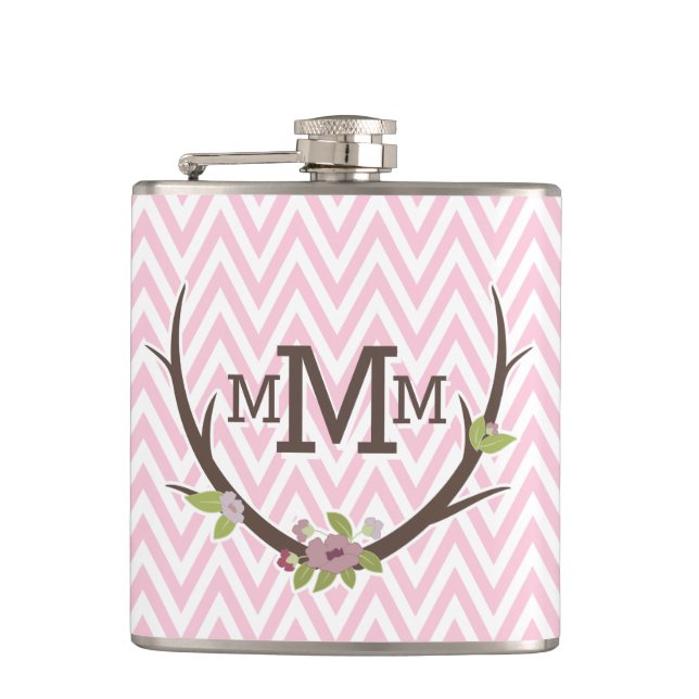 Floral Branch Pink Chevron Pattern Monogram Flask (Front)