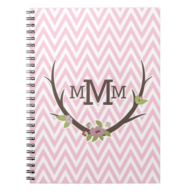 Floral Branch Pink Chevron Pattern Monogram Notebook (Front)