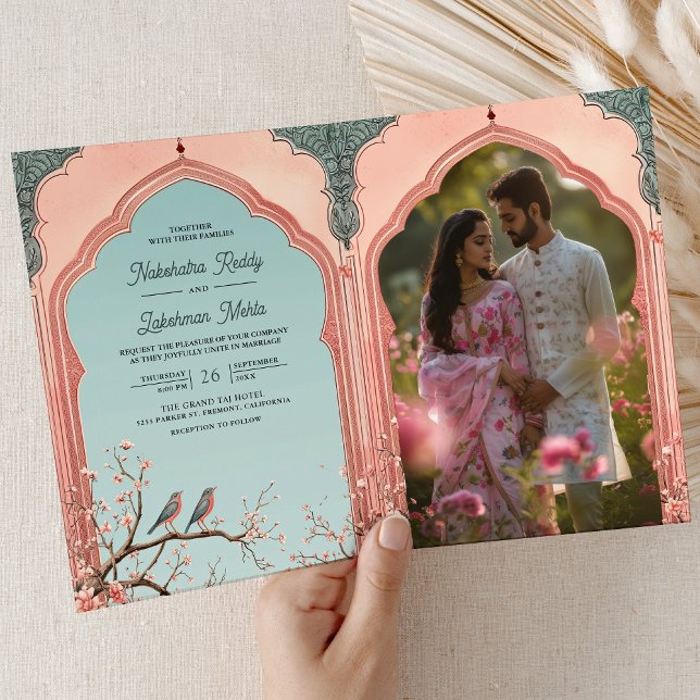 Floral Branch Romantic Birds Indian Wedding Photo Invitation (Inside)