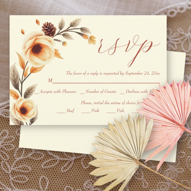 Floral branch with peach flowers fall wedding RSVP card (Creator Uploaded)
