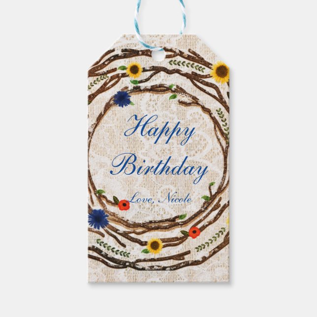 Floral Branches Rustic Burlap & Lace Gift Tag (Front)